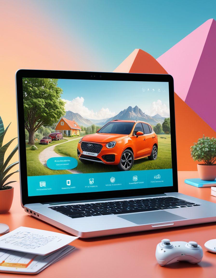 A visually engaging digital landscape representing the concept of online insurance. Include elements such as a laptop displaying insurance options, floating icons of various insurance types (health, auto, home), and multimedia elements like video play buttons and audio waves swirling around. A diverse group of people interacting with the content and exploring options. Bright, inviting colors that convey a sense of trust and reliability. super-realistic. vibrant colors. 3D.