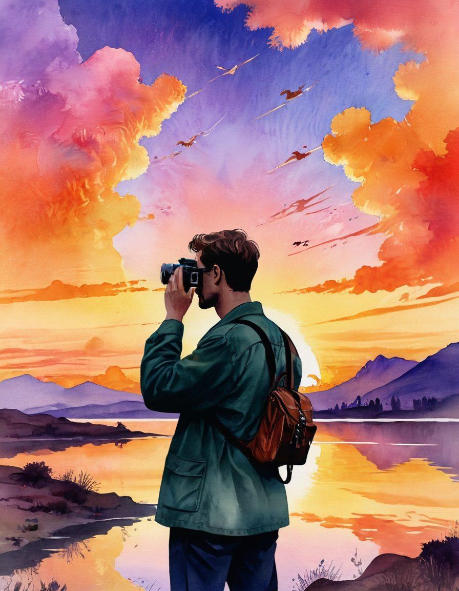 An inspiring and serene scene depicting a filmmaker holding a vintage film camera, gazing thoughtfully at a vibrant sunset over a peaceful landscape, with floating icons representing various insurance services surrounding them, like shields and checkmarks. The atmosphere conveys protection and creativity, emphasizing the importance of safeguarding artistic visions. watercolor style. warm colors. ethereal glow.