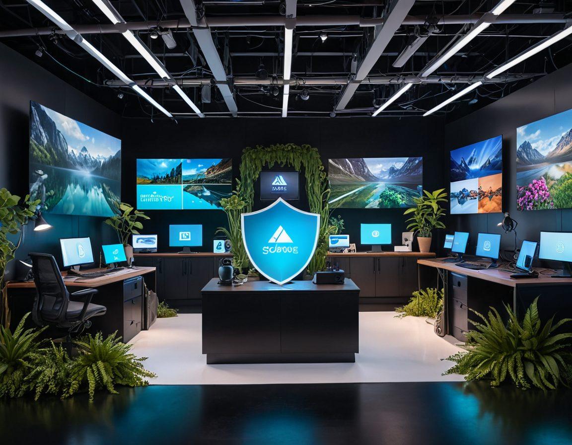 A futuristic digital landscape featuring a diverse group of creators immersed in video production. Include holographic displays of insurance policies and digital content protection icons. Envision a serene, tech-inspired atmosphere with vibrant colors and a blend of organic and digital elements. Illustrate cloud storage and a shield symbolizing security and protection enveloping their video equipment. ultra-modern, vibrant colors, 3D.